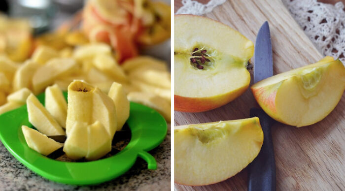 Green apple peeler with sliced apple on left and close-up of apple wedges and knife on wooden board, comparing school uniforms vs casual wear.