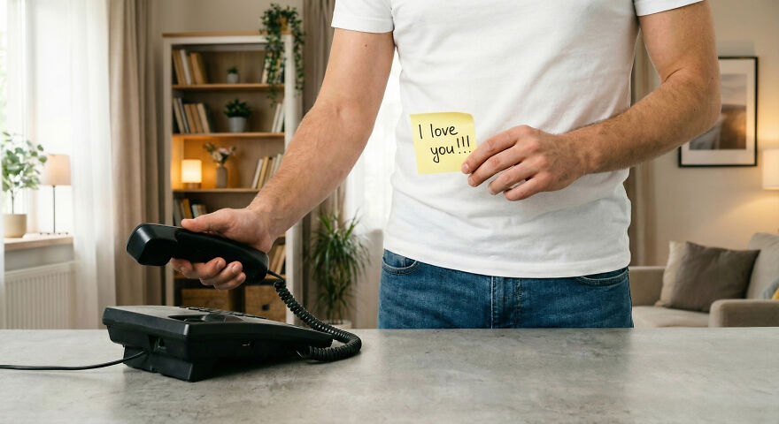 Man holding a note saying I love you by a phone, symbolizing romantic good morning message to my love ideas. Man holding a note saying I love you by a phone, symbolizing romantic good morning message to my love ideas.