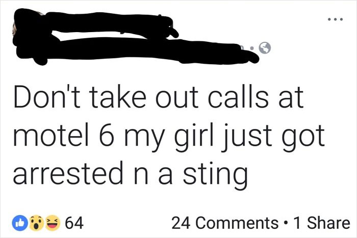 Screenshot of a confusing social media post about a motel call leading to an arrest, illustrating puzzling texts and posts.