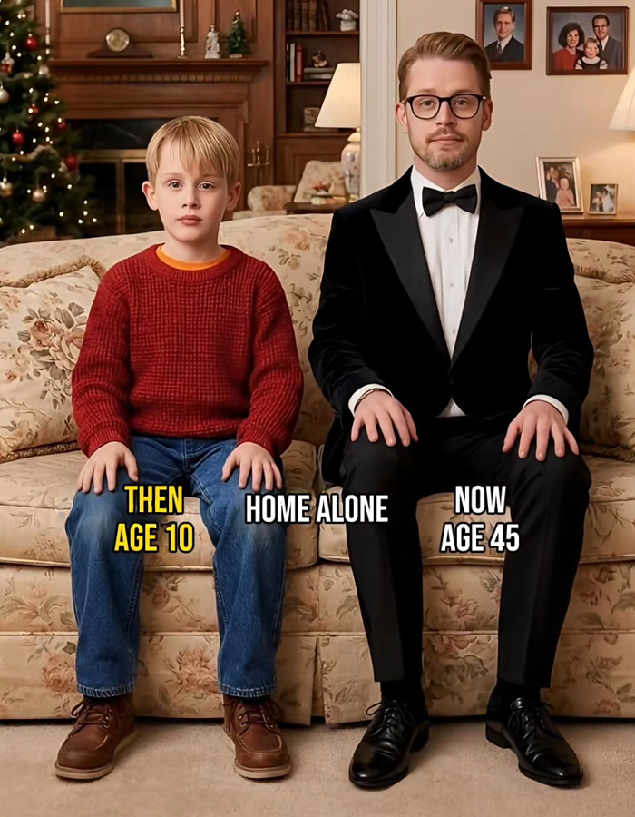 Side-by-side then and now Home Alone comparison showing a boy at age 10 and a man at age 45 on a couch. Side-by-side then and now Home Alone comparison showing a boy at age 10 and a man at age 45 on a couch.