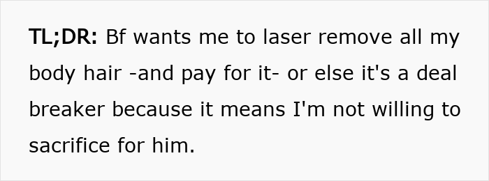 Text post with a user explaining their boyfriend demands laser body hair removal or he will end the relationship.