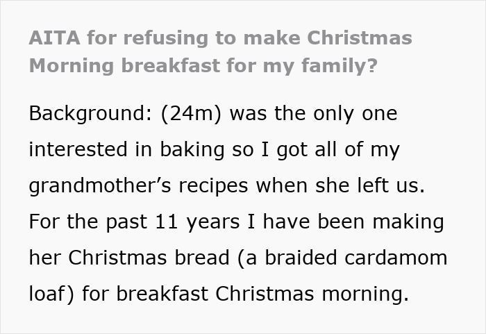 Text excerpt about a man baking homemade Christmas bread and dealing with relatives eating his pies behind his back.