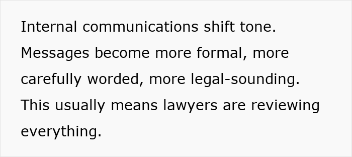 Text highlighting subtle red flags that signal job insecurity including formal, legal-sounding internal communications indicating lawyer reviews. Text highlighting subtle red flags that signal job insecurity including formal, legal-sounding internal communications indicating lawyer reviews.