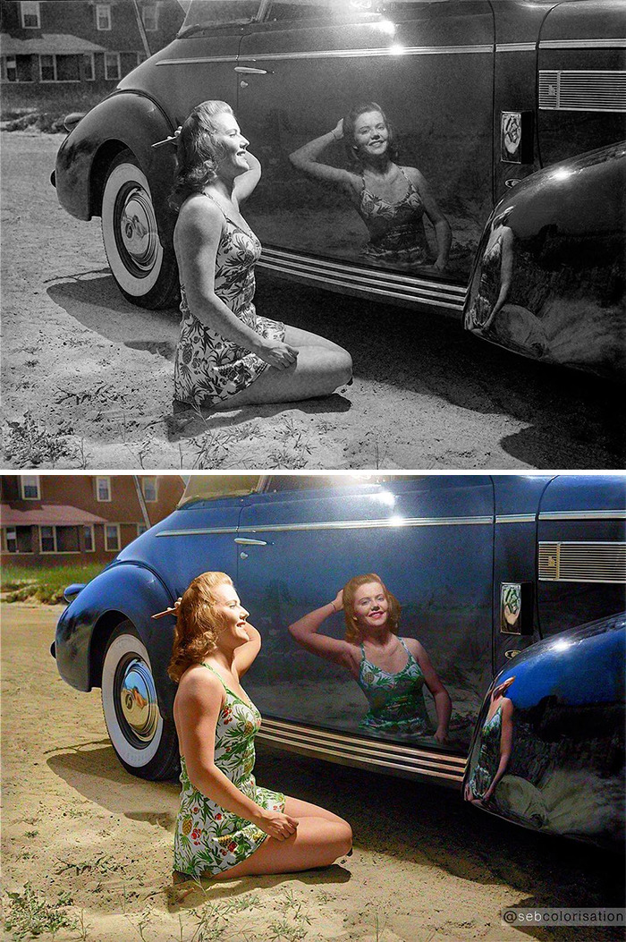 Woman in floral dress kneeling by a classic car with her reflection in black and white and colorized versions.