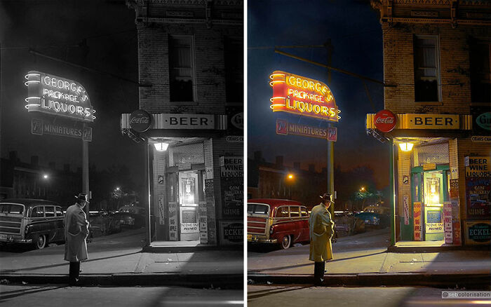 Side-by-side comparison of an old black and white photo colorized by an artist, showing a man standing near a liquor store at night.