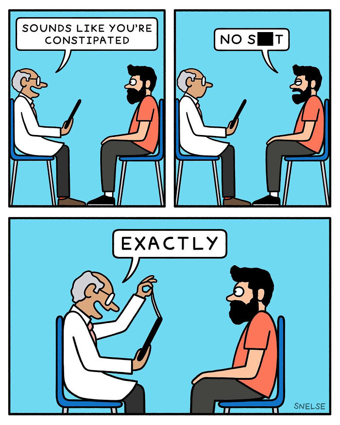 Comic illustration showing a doctor diagnosing a man with constipation in a humorous style.