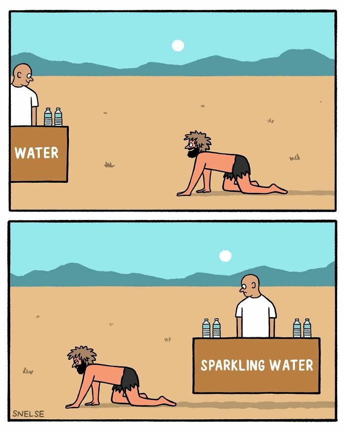 Comic illustration by artist shows a caveman crawling toward water and then sparkling water stands in a desert.