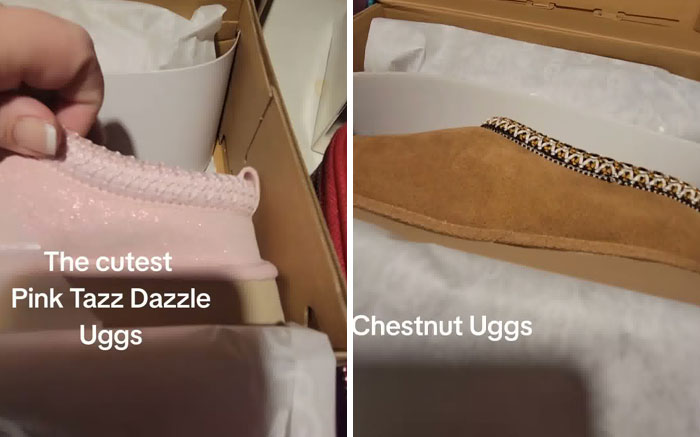 Pink Tazz Dazzle and Chestnut Uggs displayed in boxes as part of a Christmas gift haul for daughter backlash. Pink Tazz Dazzle and Chestnut Uggs displayed in boxes as part of a Christmas gift haul for daughter backlash.