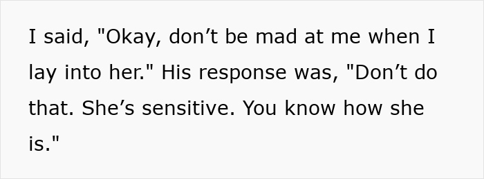 Text excerpt showing conversation about being sensitive while discussing entitled mother expenses split with son and girlfriend.