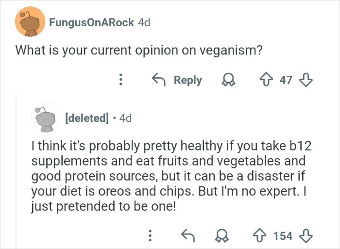 Reddit conversation discussing opinions on veganism, highlighting health and diet concerns from an ex-employee perspective.