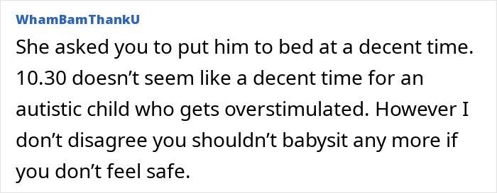 Comment discussing concerns about babysitting safety and overstimulation of an autistic child at bedtime.