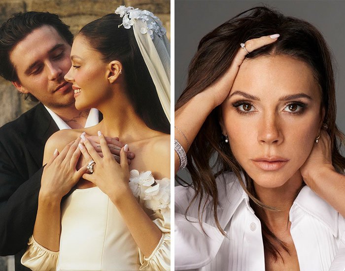 Bride and groom embracing on wedding day alongside close-up of woman with serious expression, highlighting celebrity marriage struggles.