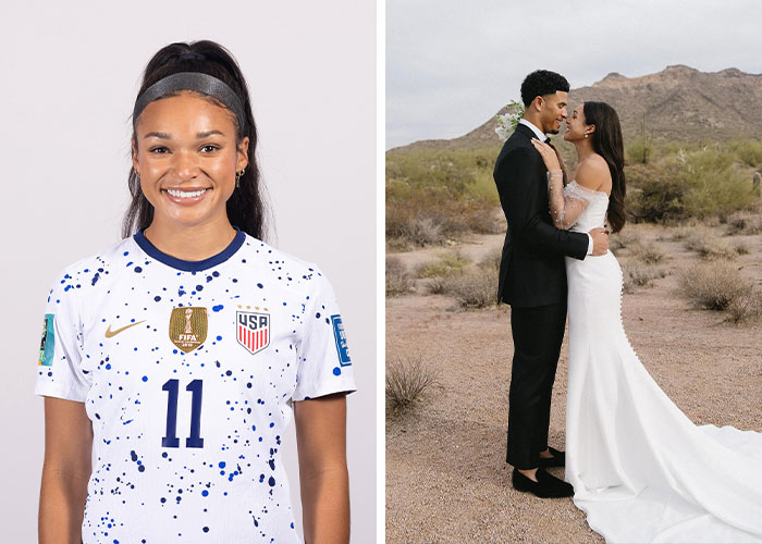 Woman soccer player wearing USA jersey smiling, next to a couple in wedding attire in a desert, related to celebrities who changed names.