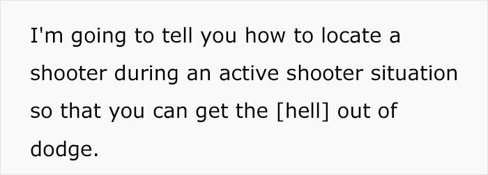 Text explaining how to locate a shooter during an active shooter situation for mass shooting survival tips. Text explaining how to locate a shooter during an active shooter situation for mass shooting survival tips.