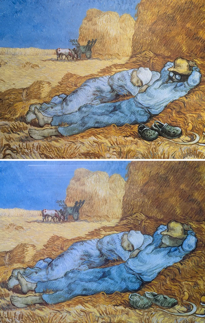 Two images of a thrifted painting with humorous edits adding sunglasses and shoes to resting figures in a hayfield.