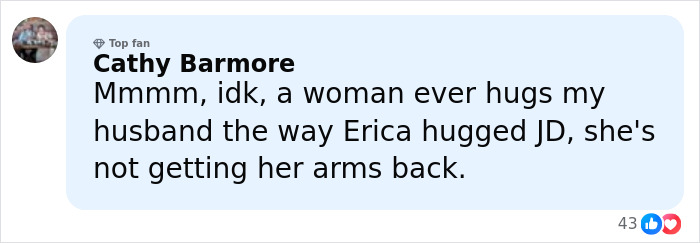 Commenter Cathy Barmore reacting to JD Vance and Erika Kirk&rsquo;s hug amid marriage speculation online.