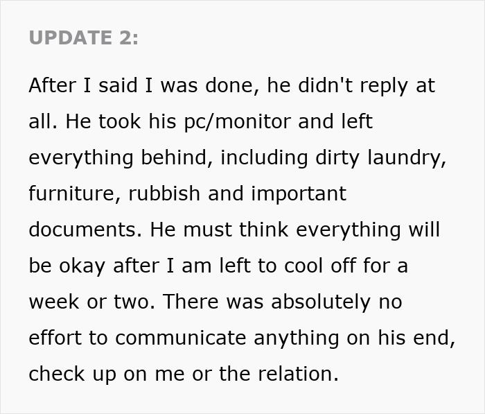 Screenshot of Update 2 text about partner leaving PC, laundry and documents, shocked reaction to racist gift