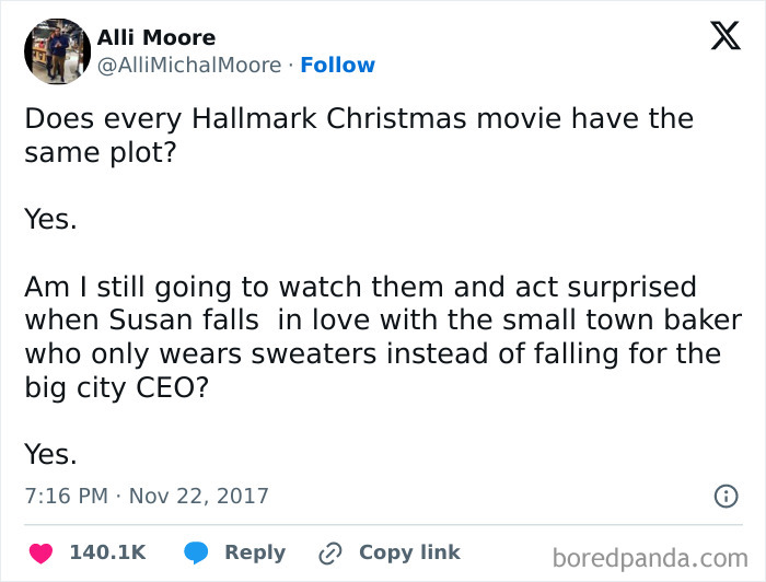 Tweet humor about Hallmark Christmas movies and predictable plots in funny Christmas memes format.