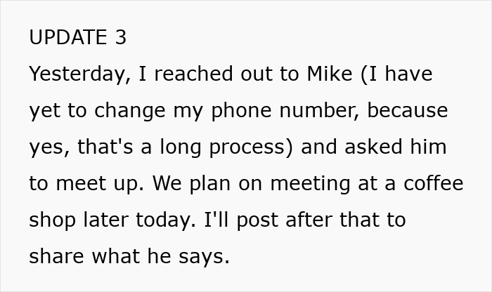 Text update about reaching out to Mike to meet at a coffee shop after learning groom cheated with bride's mom.