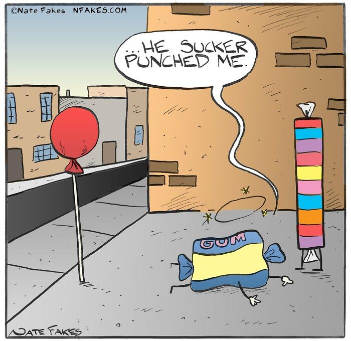 Comic by Nate Fakes showing a piece of gum with a halo talking about being punched, funny and relatable comics.