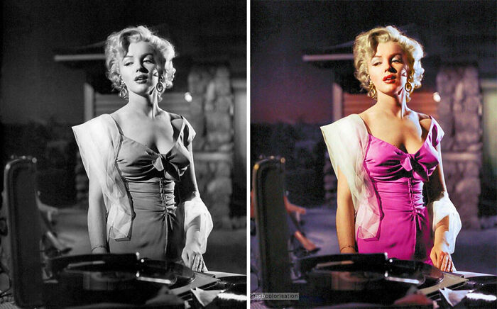 Side-by-side comparison of an old black and white photo colorized by artist, showing a woman in a pink dress.