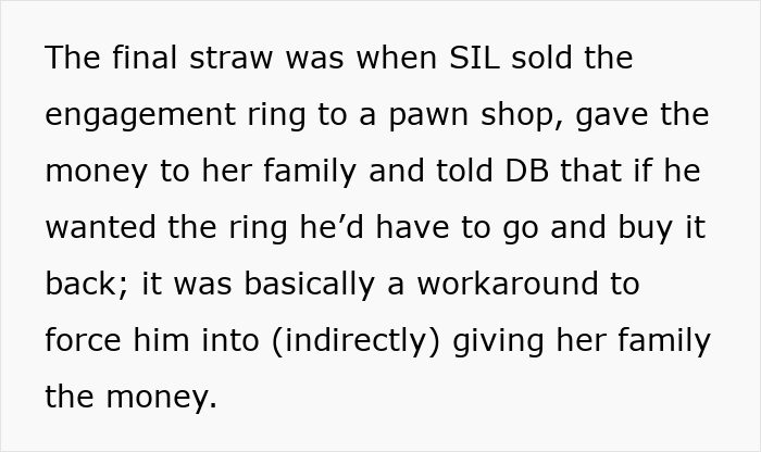 Woman pawns family heirloom ring, sister-in-law buys it back, causing conflict over returning the ring and family money disputes.