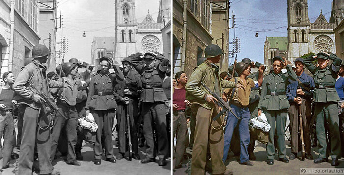 Side-by-side comparison of old black and white and colorized historic war photo by artist colorizing old photos.