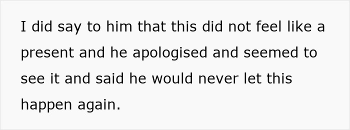 Text on white background discussing disappointment after a petrol money gift instead of a proper birthday present.