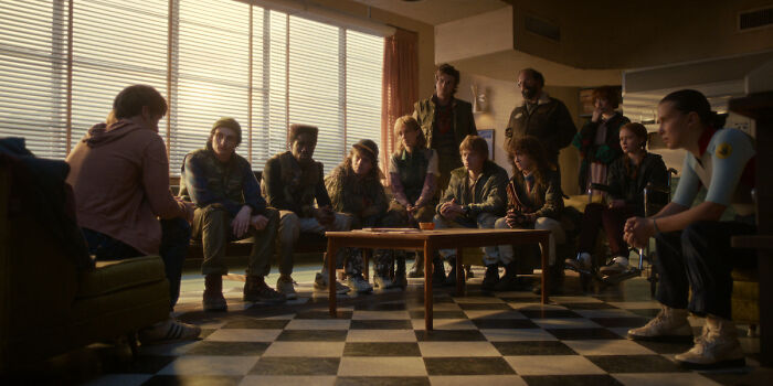 Cast of Stranger Things 5 sitting in dimly lit room, reflecting tense moments after a comically bad and cringe penultimate episode. Cast of Stranger Things 5 sitting in dimly lit room, reflecting tense moments after a comically bad and cringe penultimate episode.