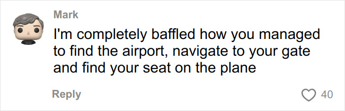 Comment from Mark expressing bafflement at how someone navigated the airport and found their seat on an Air Canada flight. Comment from Mark expressing bafflement at how someone navigated the airport and found their seat on an Air Canada flight.