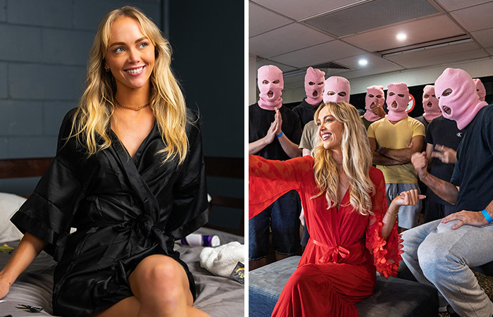 Blonde woman in black and red robes with a group wearing pink masks in an indoor setting, linked to adult stars controversies.