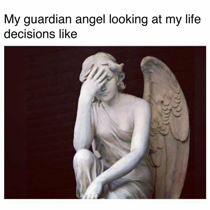 A goth meme showing a stone angel facepalming, captioned about a guardian angel’s reaction to life choices.