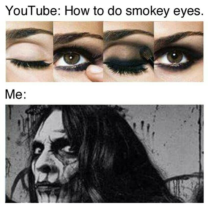 Comparison of a step-by-step smokey eyes makeup tutorial and a humorous goth-inspired makeup fail meme.