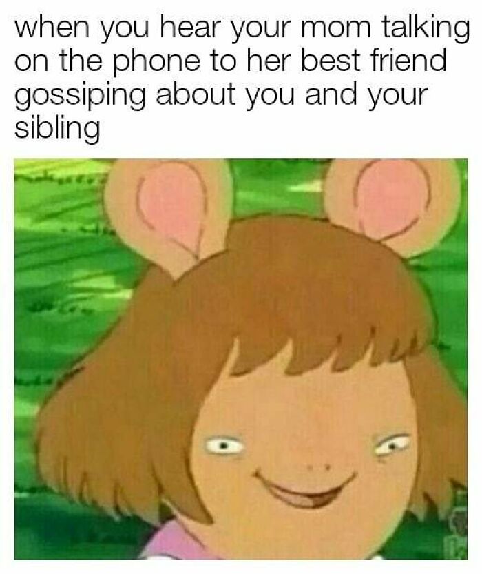 Funny sibling meme showing a character with a mischievous smile about mom gossiping about siblings on the phone.