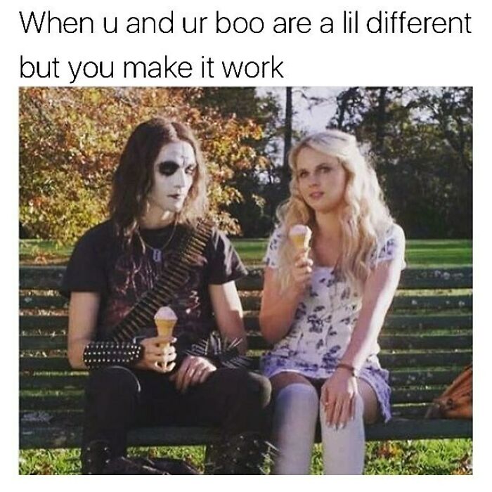 Couple with goth and casual styles sitting on a bench eating ice cream in a humorous goth meme about differences.