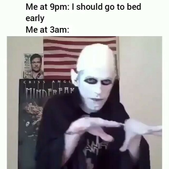 Person with goth makeup and pale face, dark eyes, mimicking spooky hand movements late at night, goth memes humor.