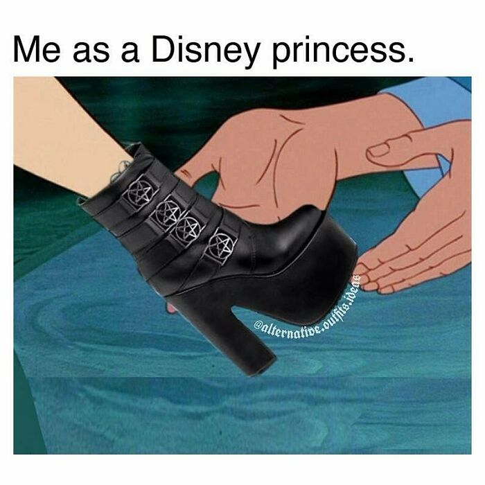 Animated scene showing a gothic high-heeled boot fitting onto a foot with text about goth memes and alternative style.