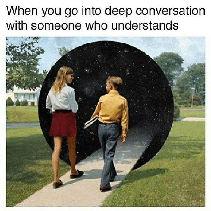Two people walking into a cosmic portal, symbolizing deep conversation in goth memes for those who don't fit in.