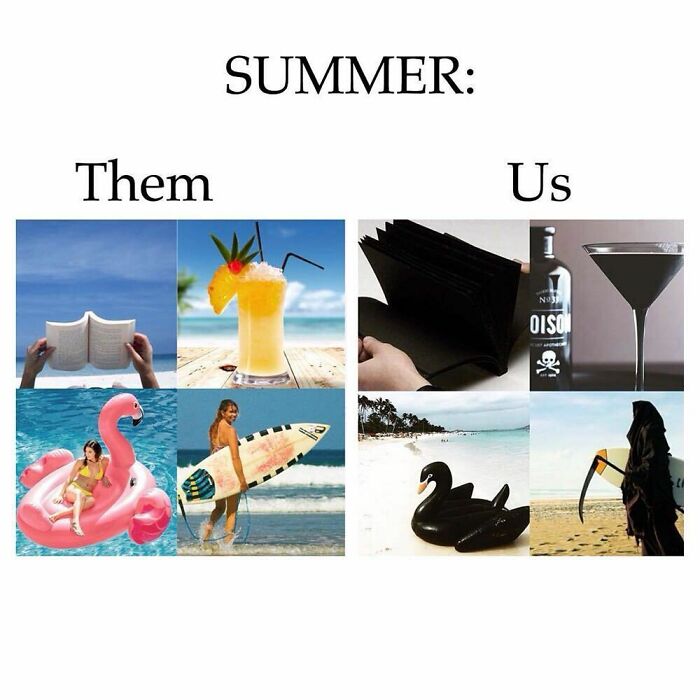 Summer comparison meme showing bright fun activities versus dark goth-themed items with black swan float and grim reaper figure.
