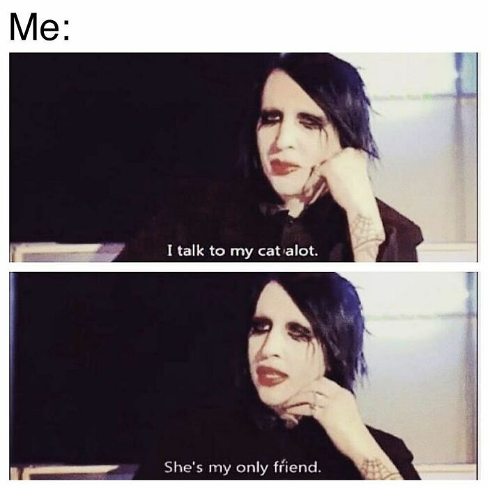 Person with goth makeup in a dark setting saying they talk to their cat, a relatable goth meme about loneliness and friendship.