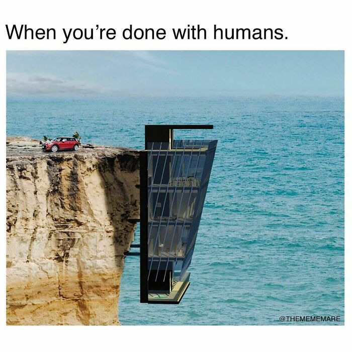 Car parked on cliff edge next to a modern glass house hanging over ocean, goth memes about isolation and solitude.