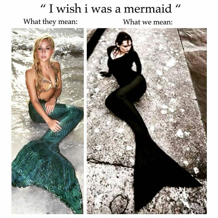 Two-panel goth meme showing contrast between a colorful mermaid and a gothic person in dark mermaid attire on concrete.