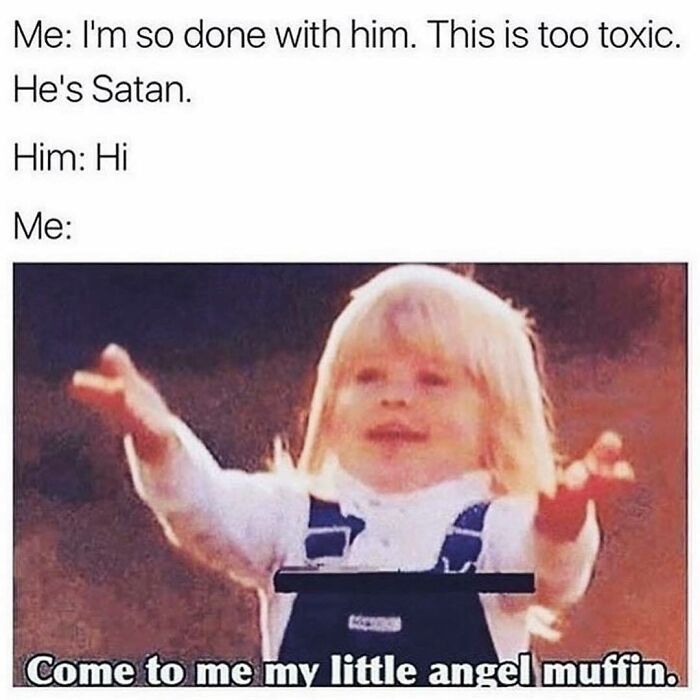 Child with blonde hair reaching out, paired with text humor about toxic relationships in goth memes for anyone who doesn't fit in.