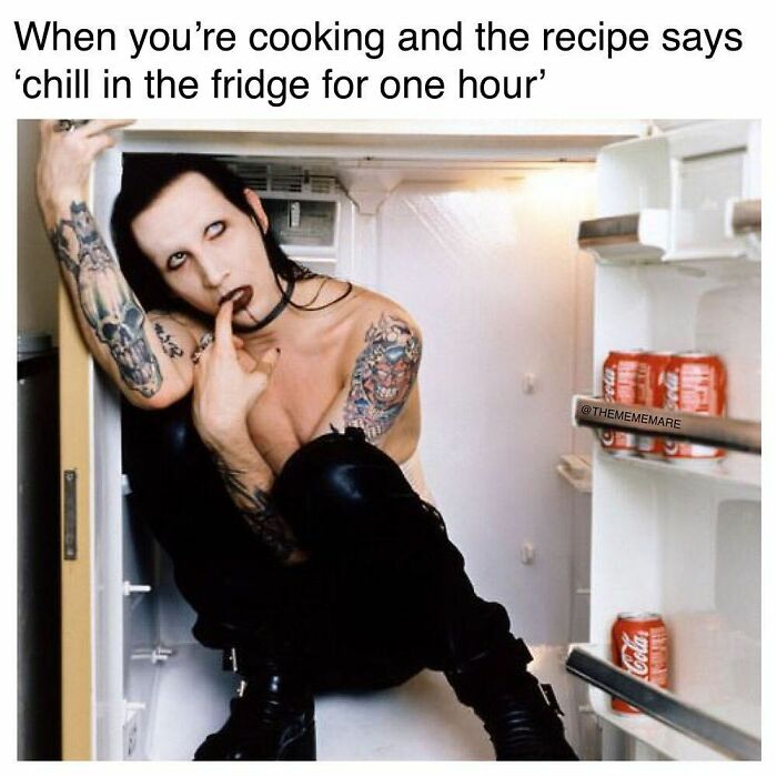 Goth person with tattoos sitting inside a fridge, humorously portraying cooking instructions in a goth meme.