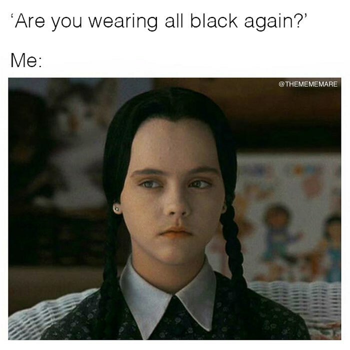 Alt text: Young girl with braided black hair and pale skin wearing gothic black clothing, expressing a deadpan look in a goth meme.