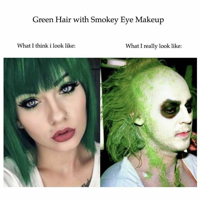 Side-by-side goth meme showing green hair with smokey eye makeup expectation versus reality for goth memes fans.