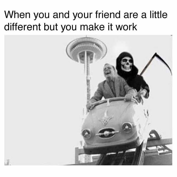 Black and white goth meme showing two friends riding a roller coaster, one dressed as a skeleton with a scythe.