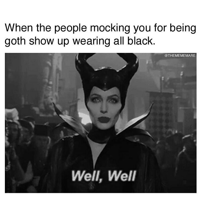 Goth meme featuring a character dressed in all black with horns, caption about people mocking goth style.