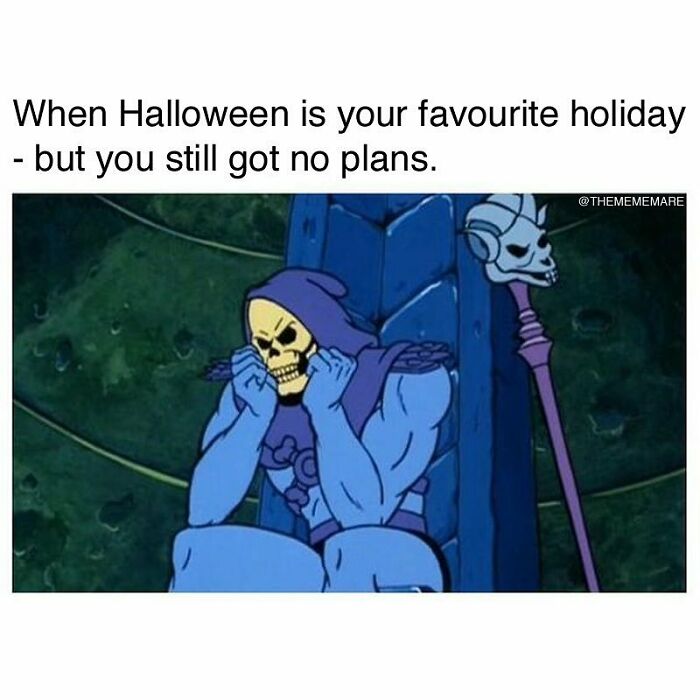 Skeletor sitting sadly with Halloween text, a goth meme expressing feeling out of place and having no plans.