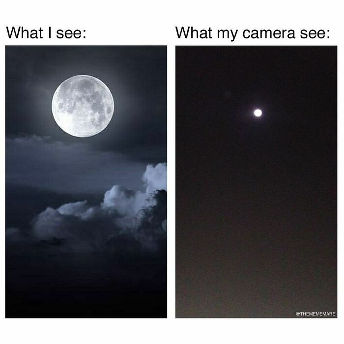 Comparison of a clear, detailed full moon and a small blurry dot captured by a camera, illustrating goth memes humor.